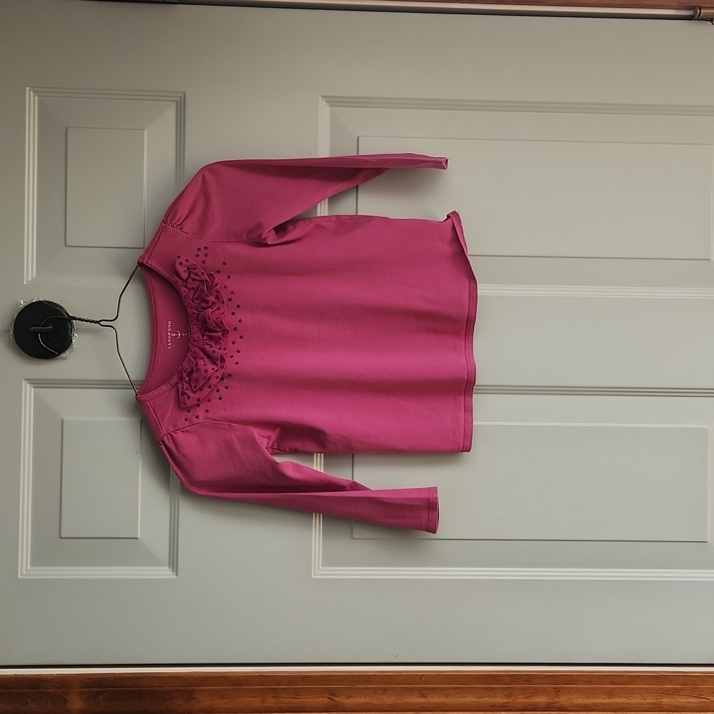 Lands' End, Girl's, Top, Sz4, Pink, Ruffle w Sequins & Fuzzy Neck Enhanchment